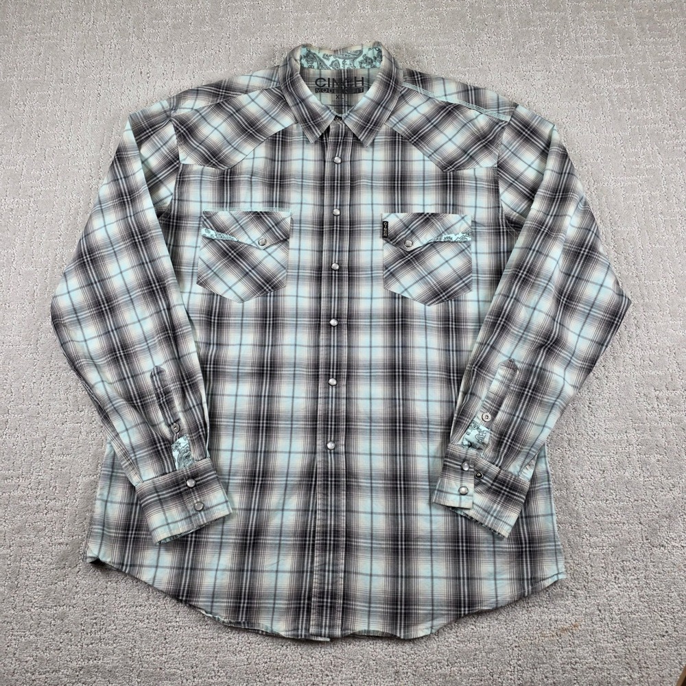 Cinch Modern Fit Western Long Sleeve Shirt Mens XL Teal Gray Plaid Pearl Snap
